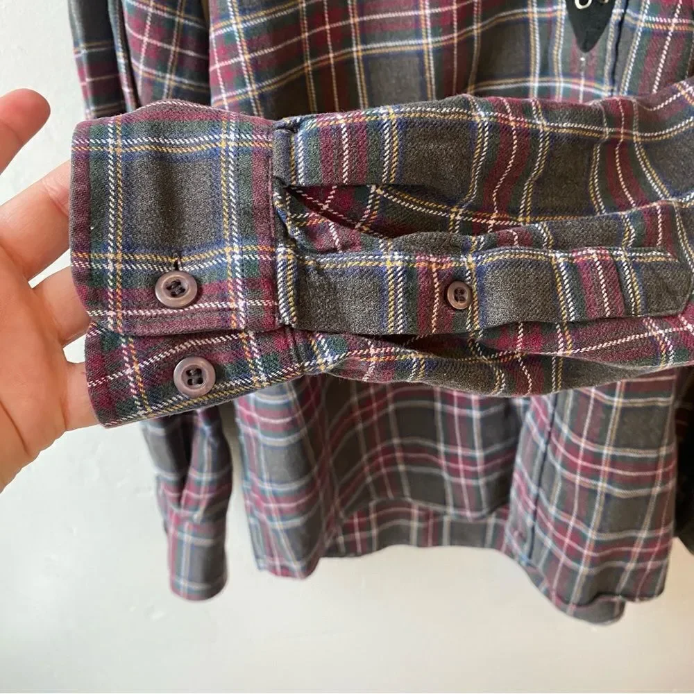 Furst of A Kind Upcycled Oversized Plaid Lace Up Button Front Flannel Shirt